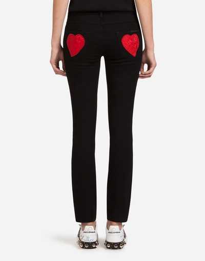 Shop Dolce & Gabbana Denim Stretch Fit Pretty Jeans With Jacquard Embroidery In Black