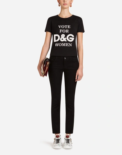 Shop Dolce & Gabbana Denim Stretch Fit Pretty Jeans With Jacquard Embroidery In Black