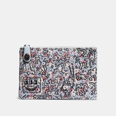 Shop Coach X Keith Haring Turnlock Pouch 26 In Ice Blue/black Copper