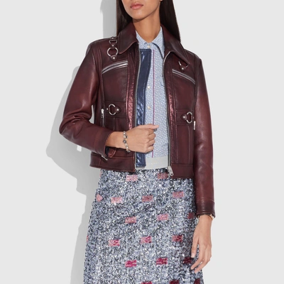 Shop Coach Burnished Leather Coat With Harness Detail In Brown