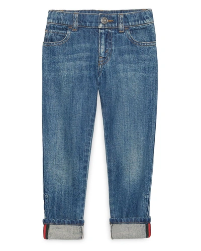 Shop Gucci Washed Denim Straight-leg Jeans, Blue