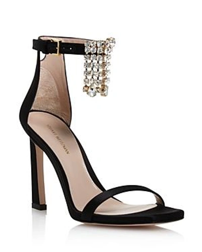 Shop Stuart Weitzman Women's 100fringesquarenudist Satin Embellished High-heel Ankle Strap Sandals In Black