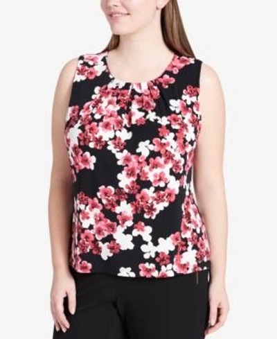Shop Calvin Klein Plus Size Printed Pleated-neck Shell In Black Multi