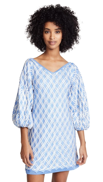 Shop Pepa Pombo Marrakesh Dress With V Neck & Puff Sleeves In Arena/provence/nacar