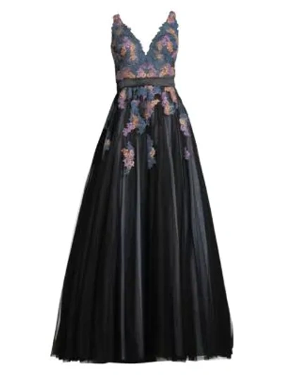 Shop Basix Black Label Embroidered V-neck Sleeveless Ball Gown In Teal Multi
