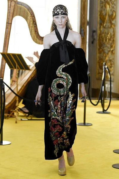 Shop Gucci Sequinned Velvet Gown In Black