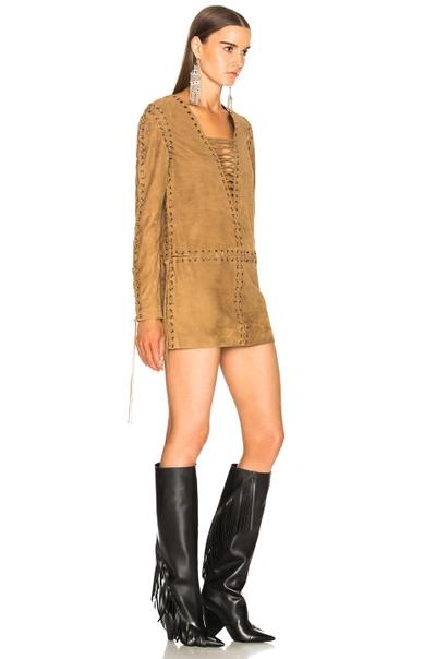 Shop Saint Laurent Suede Lace Up Mini Dress In Brown,neutrals