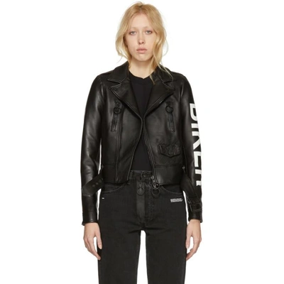 Shop Off-white Black Leather Biker Jacket In 1001 Blk Wh