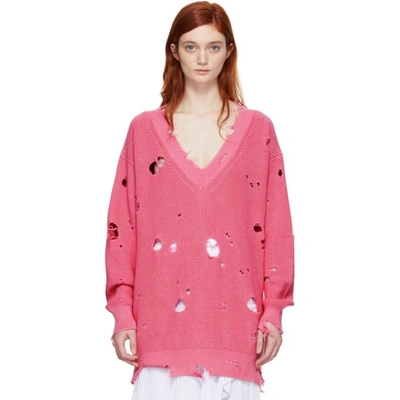 Shop Msgm Pink Distressed V-neck Sweater In 12 Pink