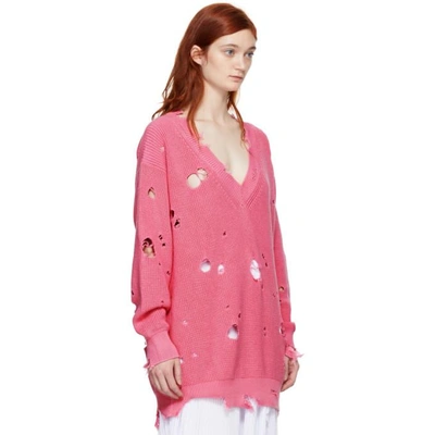 Shop Msgm Pink Distressed V-neck Sweater In 12 Pink
