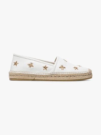 Shop Gucci White Pilar Bee Embroidery Leather Espadrilles