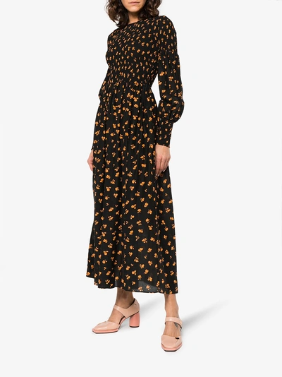 Ganni Beacon Printed Smocked Maxi Dress In Black | ModeSens