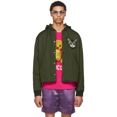 Shop Gucci Reversible Green Cat Bomber Jacket In 3354 Olive