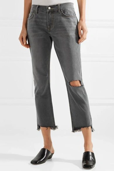 Shop Current Elliott The Cropped Distressed Mid-rise Straight-leg Jeans In Gray