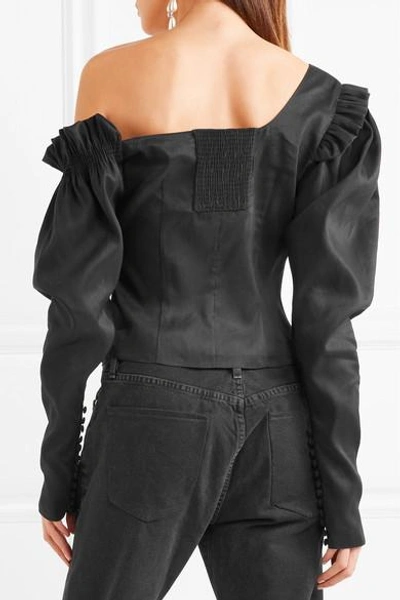 Shop Magda Butrym Vannes Off-the-shoulder Ruffle-trimmed Linen And Silk-blend Top In Black