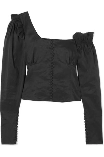 Shop Magda Butrym Vannes Off-the-shoulder Ruffle-trimmed Linen And Silk-blend Top In Black