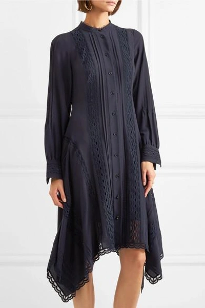 Shop Chloé Lace-trimmed Silk Crepe De Chine Midi Dress In Navy