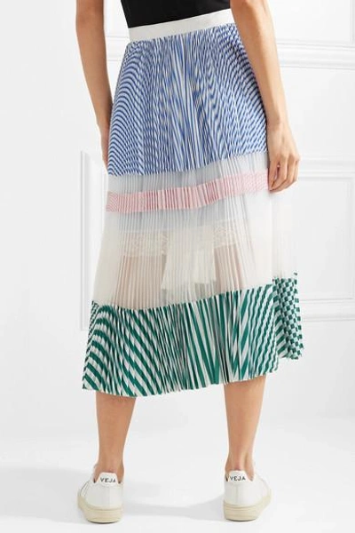 Shop Sacai Pleated Striped Cotton And Organza Midi Skirt In Blue