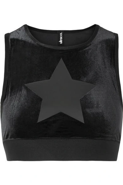 Shop Ultracor Knockout Appliquéd Stretch-velvet Sports Bra In Black
