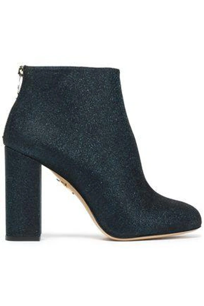 Shop Charlotte Olympia Woman Glittered Leather Ankle Boots Midnight Blue