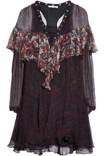 Shop Iro Woman Lace-up Printed Ruffled Georgette Mini Dress Black