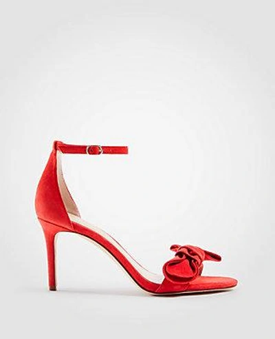 Shop Ann Taylor Kinsley Suede Bow Heeled Sandals In Ravishing Red