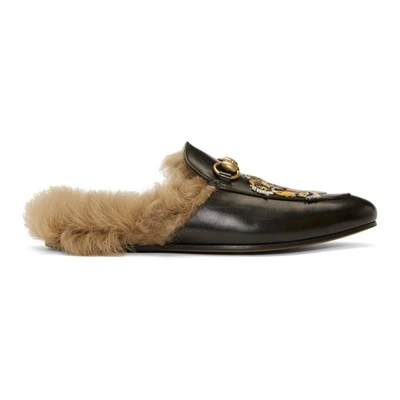Shop Gucci Black Wool-lined Tiger Princetown Slippers In 1063 Black