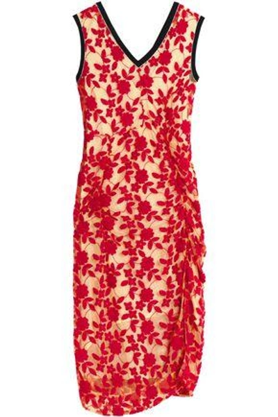 Shop Marni Woman Ruched Embroidered Tulle Midi Dress Red