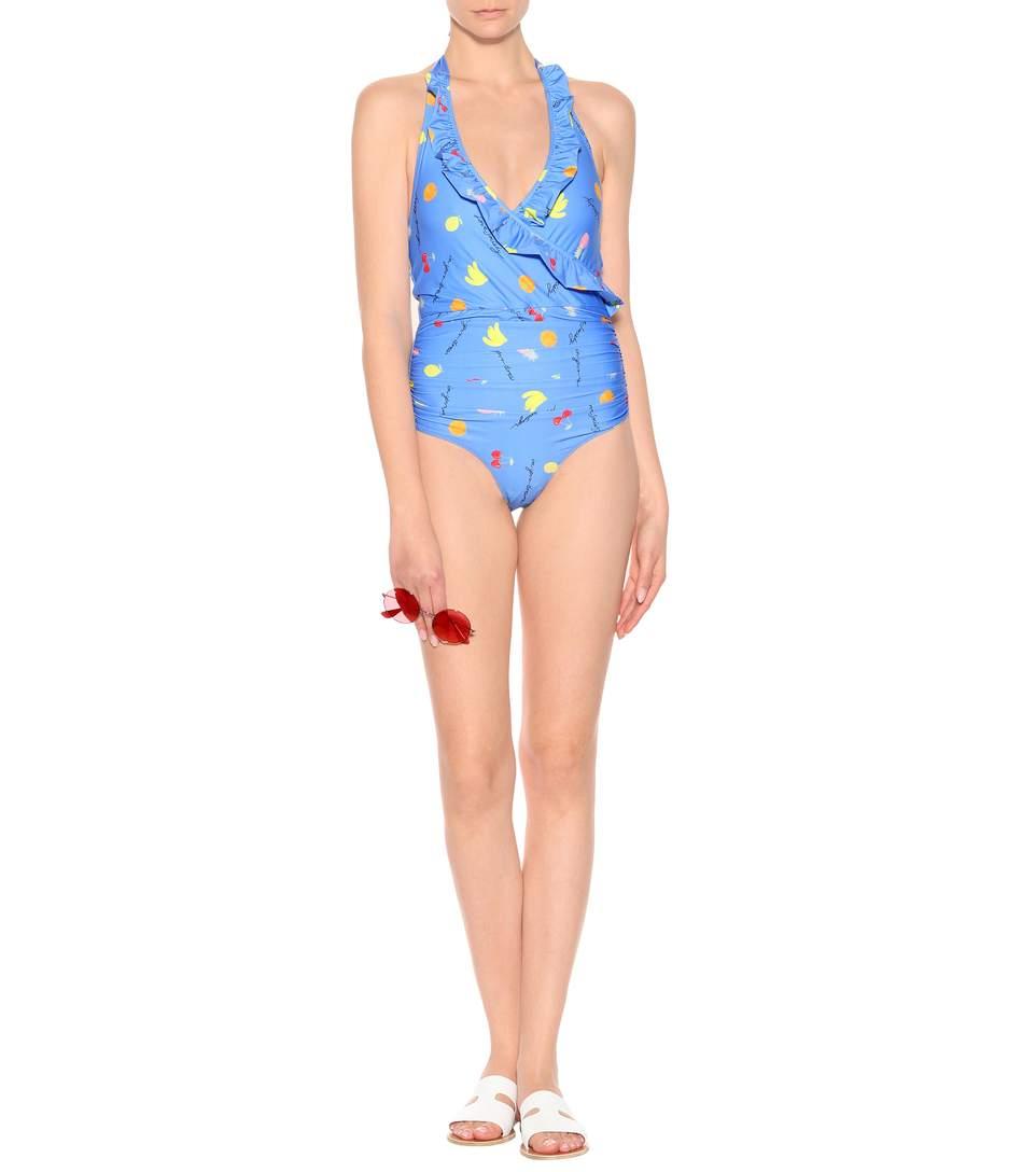 Ganni Dexies Ruffled Printed Halterneck Swimsuit In Light Blue | ModeSens