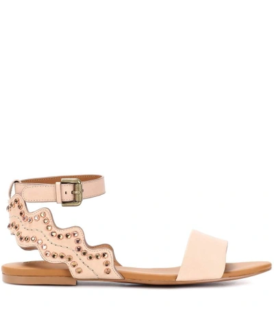 Shop See By Chloé Embellished Leather Sandals In Beige