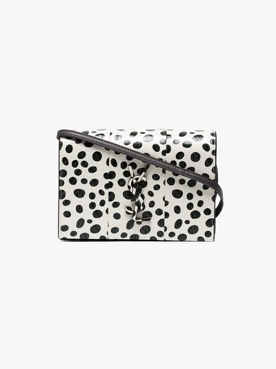 Shop Saint Laurent Black And White Kate Polka Dot Leather Wallet On A Chain In Black / White