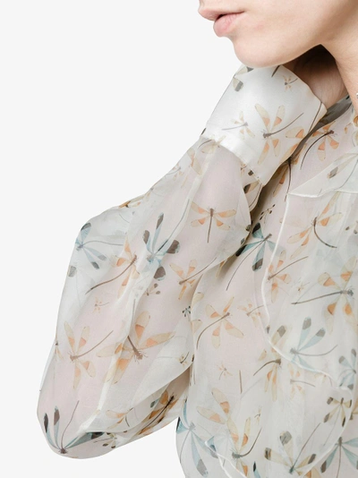 Shop Rochas Dragonfly Print Silk Sheer Blouse In Nude&neutrals