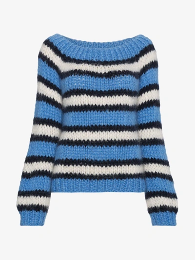 Shop Ganni Julliard Mohair Off Shoulder Pullover In Blue