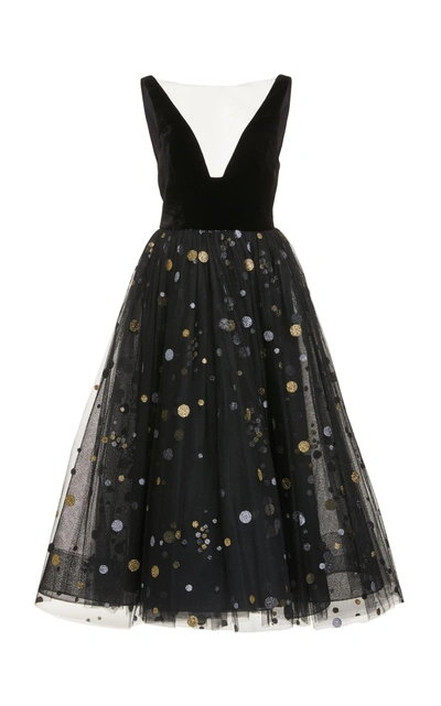 Shop Monique Lhuillier Cosmic Glitter Tulle Tea Length Dress In Black