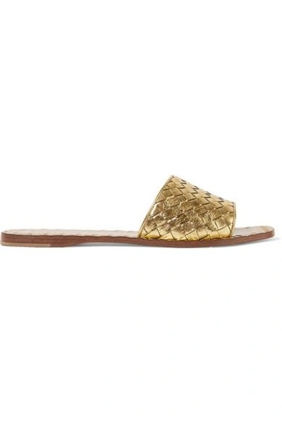 Shop Bottega Veneta Metallic Intrecciato Leather Slides In Gold