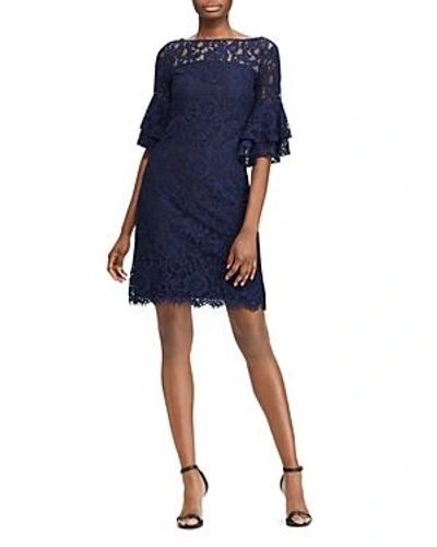 Shop Ralph Lauren Lauren  Petites Bell-sleeve Lace Dress In Navy