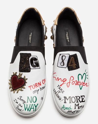 Shop Dolce & Gabbana Portofino Slip-on Sneakers In Printed Calfskin In White