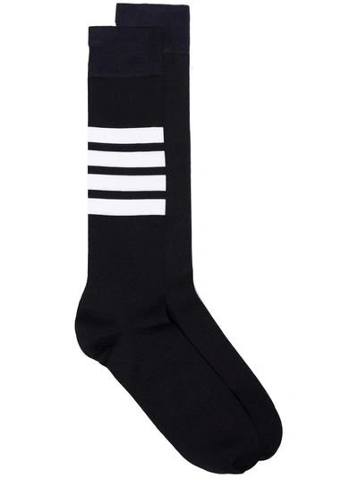 Shop Thom Browne Navy Socks With White Stripes