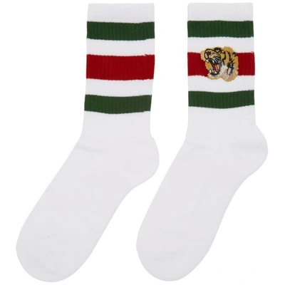 Shop Gucci White Striped Tiger Socks In 9066 White