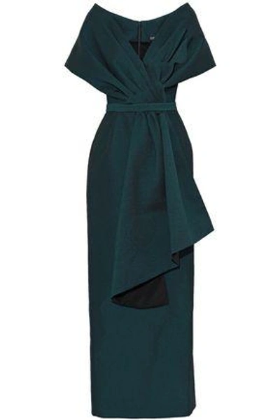 Shop Zac Posen Woman Off-the-shoulder Draped Pleated Cloqué Gown Teal