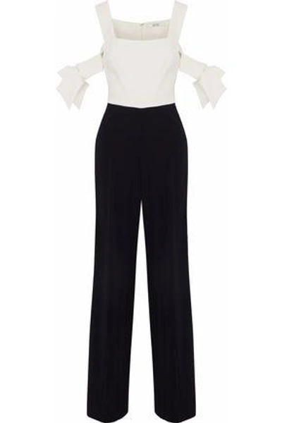 Shop Badgley Mischka Woman Cold-shoulder Two-tone Cady Jumpsuit White
