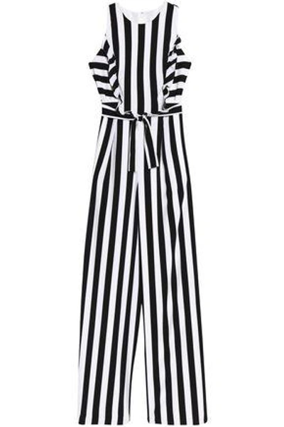 Shop Mikael Aghal Woman Ruffle-trimmed Striped Crepe Jumpsuit White