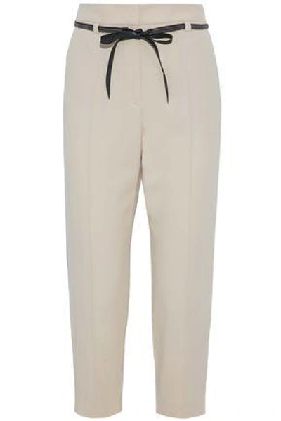 Shop Brunello Cucinelli Woman Belted Cropped Crepe Tapered Pants Beige