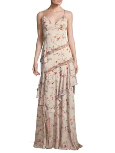 Shop Theia Floral Ruffle Gown In Champagne