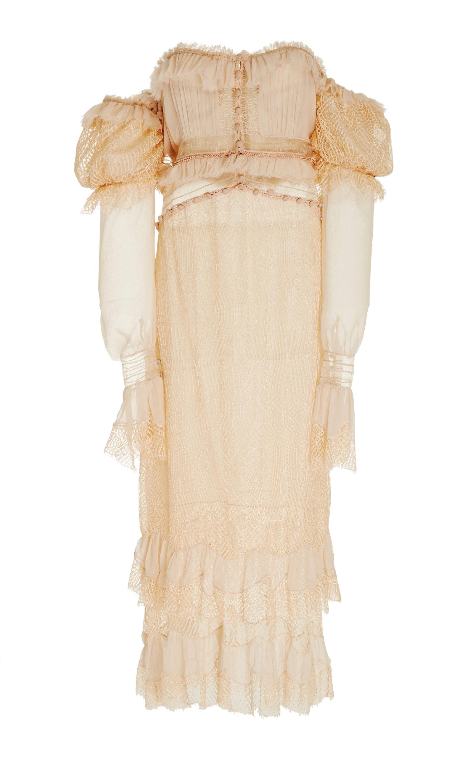 Jonathan Simkhai Chiffon Lace Puff Sleeve Dress In Neutral | ModeSens