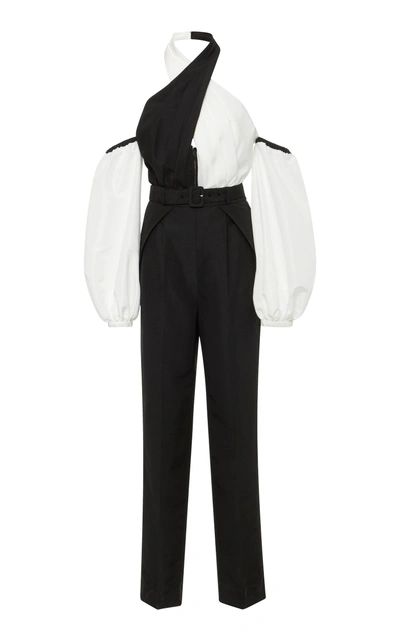 Shop Self-portrait Crossover Two-tone Crepe Jumpsuit In Black/white