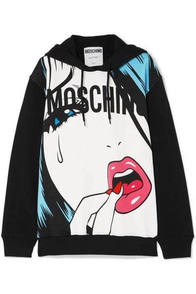 Shop Moschino Oversized Printed Stretch-cotton Jersey Hoodie In Black
