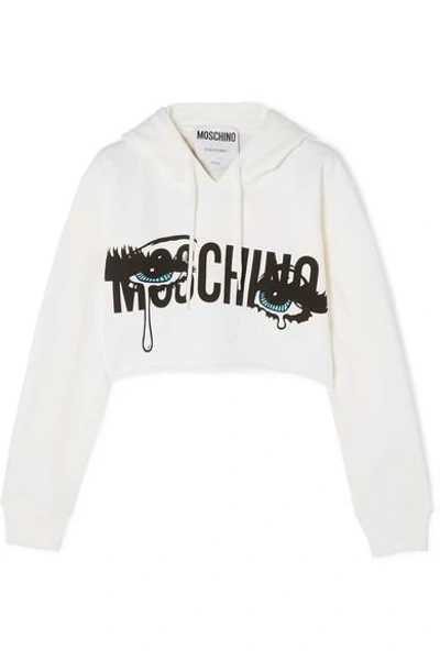 Shop Moschino Cropped Printed Stretch-cotton Jersey Hoodie In White