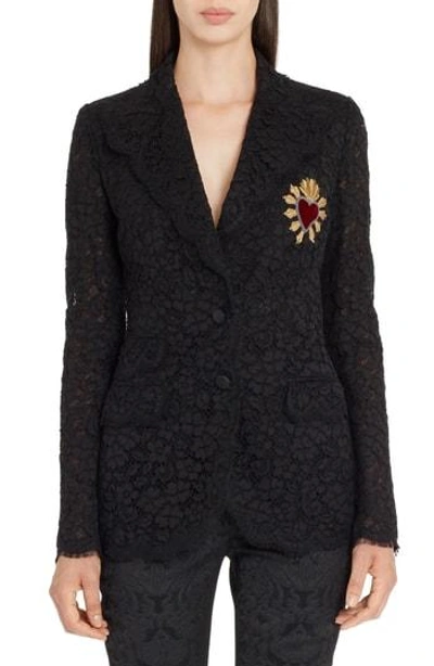 Shop Dolce & Gabbana Heart Patch Lace Blazer In Black