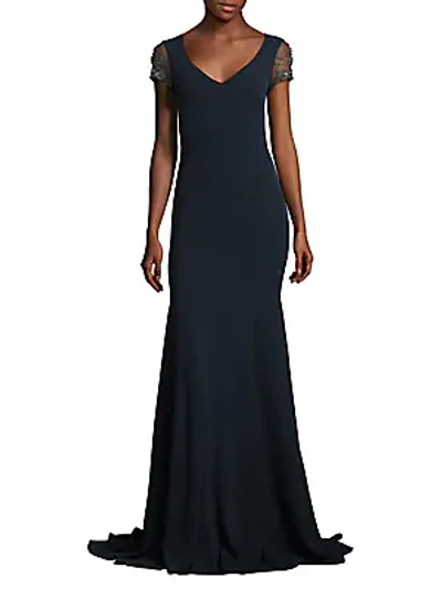 Shop Theia Jeweled Crystal Embroidered Tulle Gown In Navy